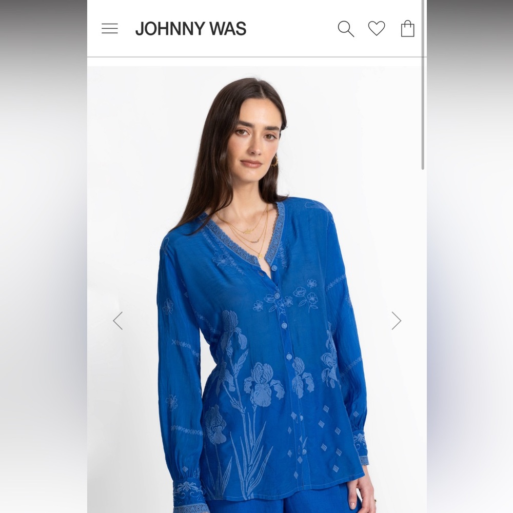 Johnny Was Royal Blue Embroidered Button-Front Blouse